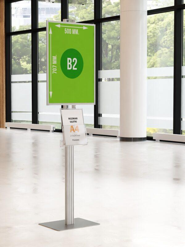 Składany ekspozytor na plakat B2 z pojemnikiem a ulotki A4 w pionie na grubej nodze i stabilnej podstawie grubości 4mm